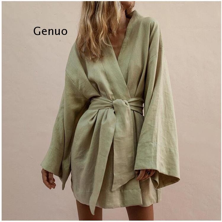 Linen Roller Blind - Lace Up Women's V-Neck Kimono Cardigan